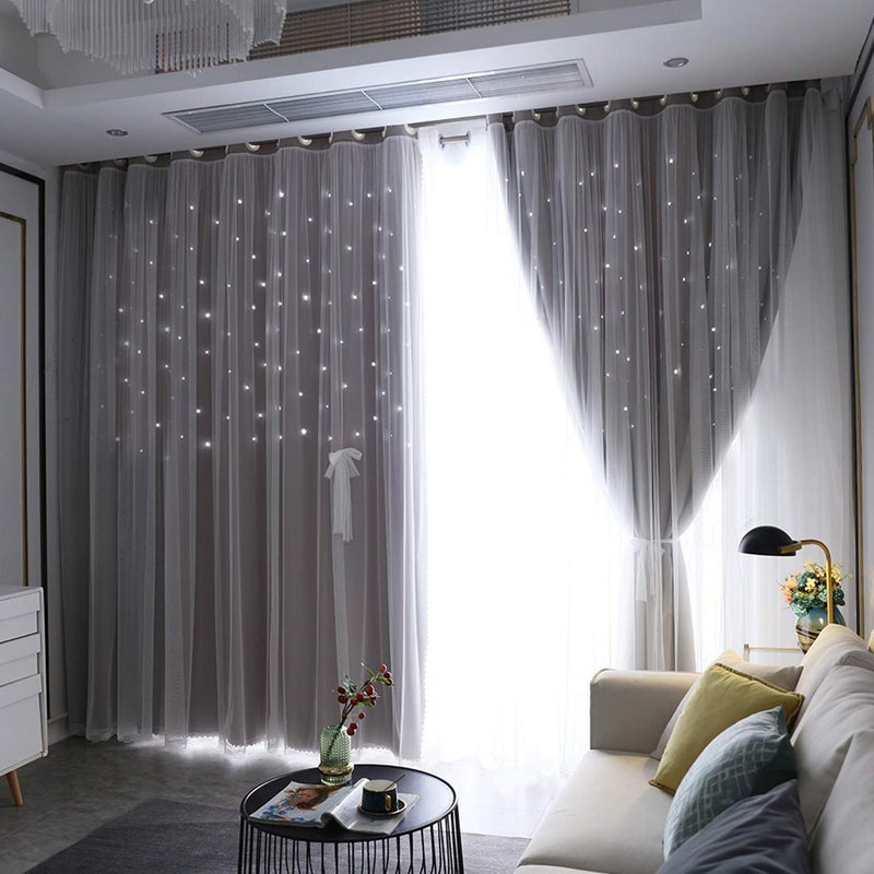 UNISTAR 2 Panels Stars Blackout Curtains for Bedroom Girls Kids Baby Window Curtain Double Layer Star Cut Out Aesthetic Living Room Decor Wall Home Decorations Curtain,W52 x L63 Inches,Grey - Image 3